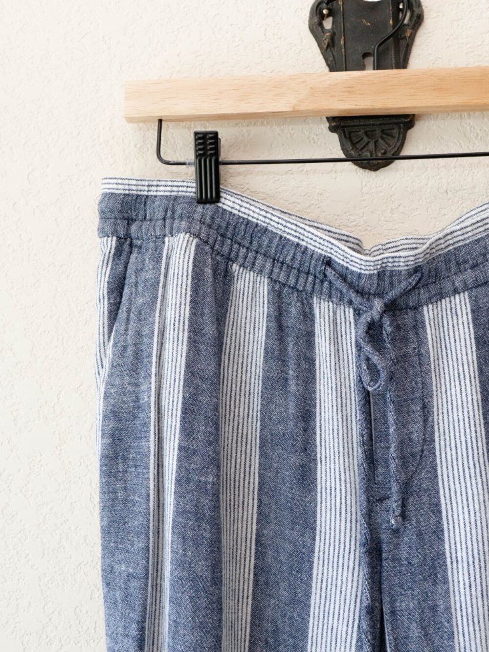 Old Navy Womens L Blue White Striped Linen Blend Wide Leg Pants Drawstring - Picture 4 of 14